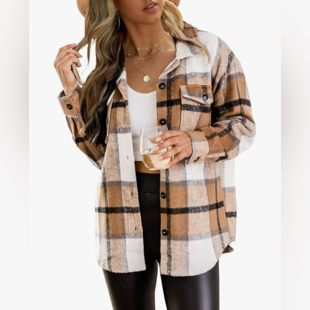 Plaid Button-Down Shirt in Tan and White NWOT